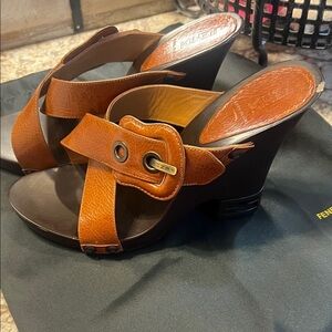Fendi Tan and Brown Leather Wedges